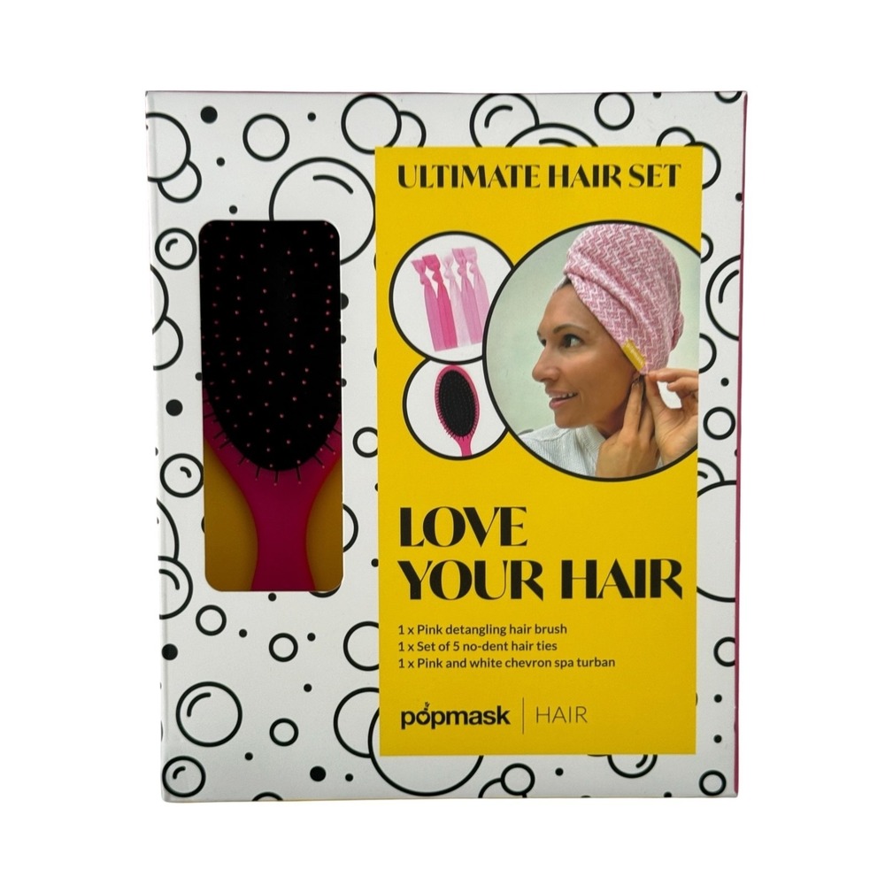 Popmask Ultimate Hair Set Detangling Pink Hair Brush With Hair Ties & Turban new